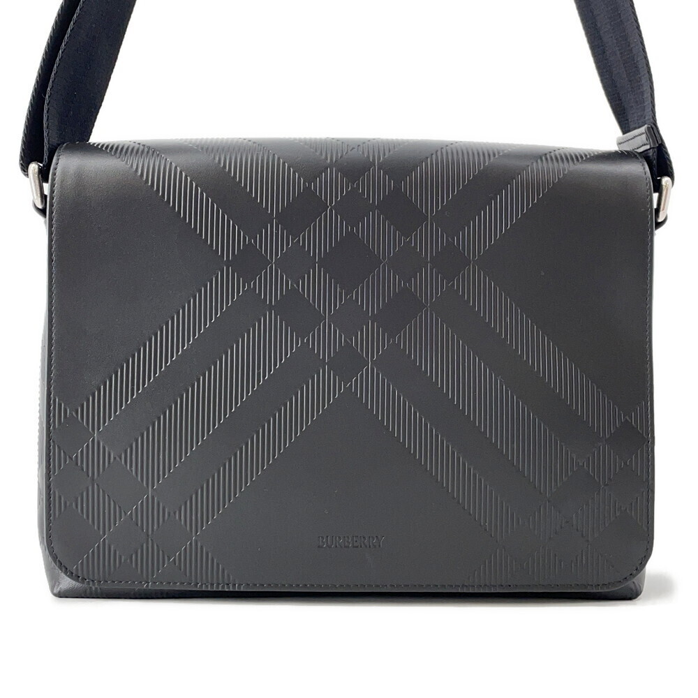 Burberry Shoulder Bag Embossed Check Messenger Calf Leather Black